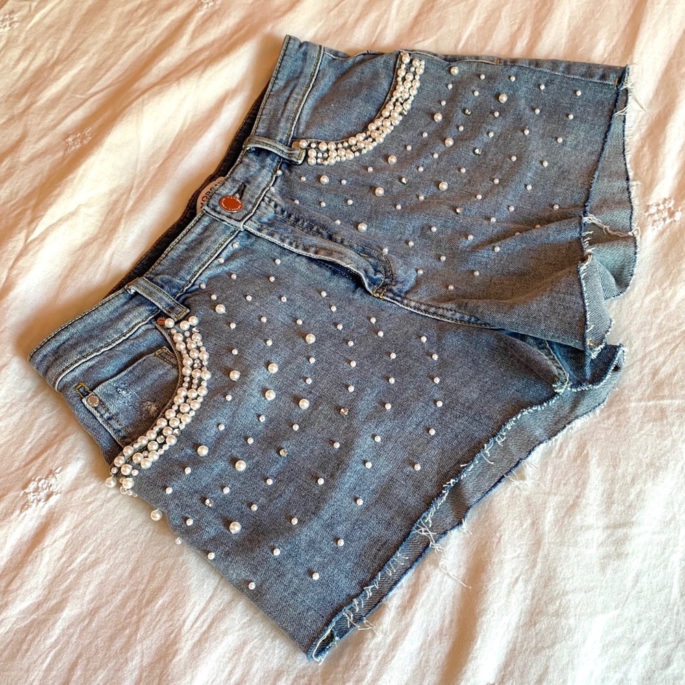 Morgan Denim Shorts with Pearls and Rhinestones
